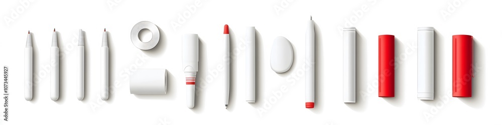 Poster Collection of correction tape, erasers, and white-out pens, each with distinct shapes, displayed in a neat line on a pure white background. Vector art, no shadows, 4k resolution, white background