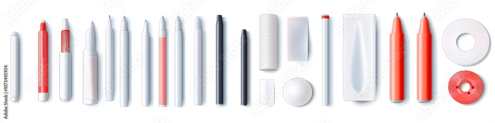 Poster Collection of correction tape, erasers, and white-out pens, each with distinct shapes, displayed in a neat line on a pure white background. Vector art, no shadows, 4k resolution, white background
