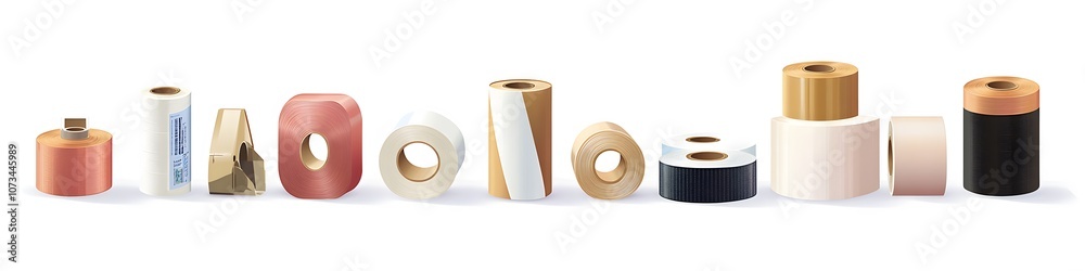 Poster Array of adhesive tapes and dispensers, each with different finishes, displayed in a row on a seamless white background. Vector art, no shadows, 4k resolution, white background