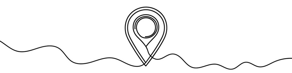 Minimalist design of a location pin seamlessly connected to a wavy line, symbolizing location tracking or a journey