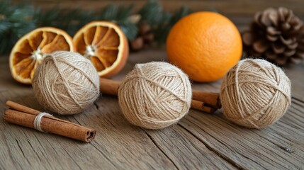 Festive DIY background with twine-wrapped ornaments, dried oranges, and cinnamon sticks on a soft wood texture