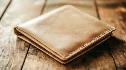 A light tan leather wallet with a glossy finish, positioned on a light wooden surface in warm, natural lighting.