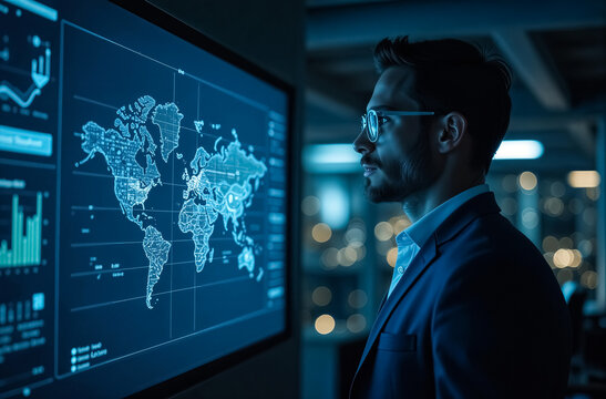 Handsome man in blue suit and eyeglasses working on computer at night: looking business graphic analitics, infographic algorithms on big blue digital screen in modern office interior at night