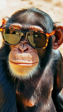 A chimpanzee wearing sunglasses looks off to the side, seemingly lost in thought, while enjoying a sunny day
