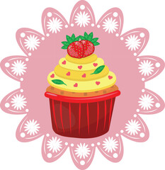 Delicious cupcake. Strawberries on a pink napkin. Dessert vector illustration design