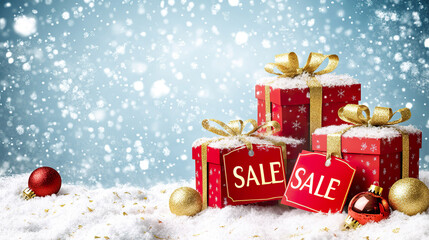 Red gift boxes with sale tags sit in snow, surrounded by festive ornaments and snowy background