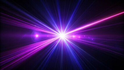 A purple laser beam on a black background, with a lens flare effect and rays of light, background with a blur effect.