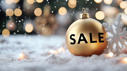 golden Christmas ornament with SALE text sits on snow, surrounded by festive lights and snowflake