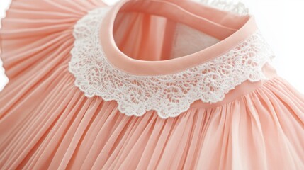Baby dress in pink with lace collar and ruffles, isolated on white