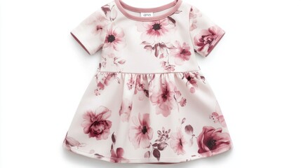Baby dress with floral print in soft pink, short sleeves, isolated on white
