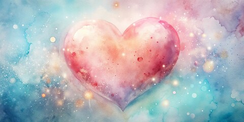 Fototapeta premium A watercolor heart painted on a canvas of shimmering blue and pink hues, creating a celestial-inspired love story.