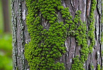 Obraz premium Textured Green Mossy Tree Bark in Natural Forest Background