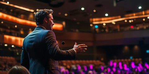 Fototapeta premium A speaker engages an audience in a lit auditorium, showcasing an interactive presentation atmosphere.