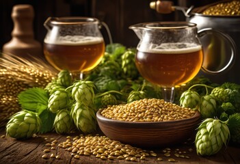 vibrant close rendering brewing ingredients rustic wooden surface, ale, aroma, barley, beverage, bubbly, cask, colors, craft, drink, fermentation, flavor