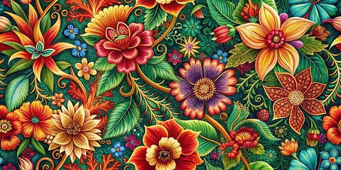 A vibrant and intricate floral pattern with ornate details, featuring a lush tapestry of multicolored blooms, delicate leaves, and swirling tendrils