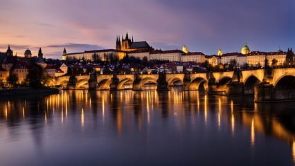 Obraz premium Czech republic a magical view of prague at dusk with the Charles bridge prague castle, AI Generated