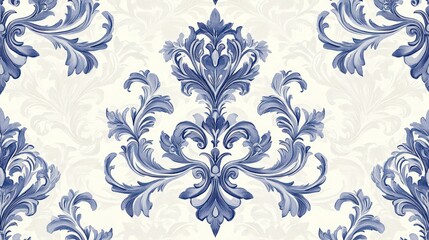 A timeless damask-style vintage seamless pattern with intricate, symmetrical floral motifs in soft ivory and deep blue, creating an elegant and regal design perfect for textiles or wallpapers
