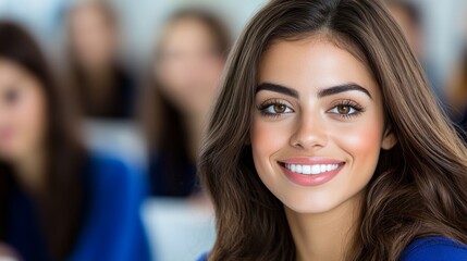 Fototapeta premium Woman with brown hair and brown eyes is smiling. She is wearing a blue shirt. The image is of a group of people, but the woman is the main focus