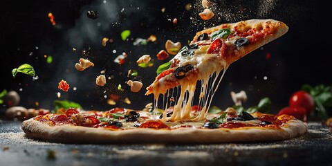 A pizza is being bent in the air, with its cheese and ingredients flying around it