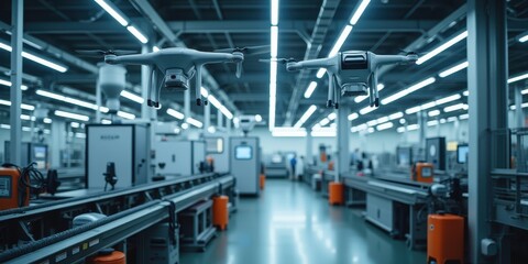 Naklejka premium Automated Drones Operating in Modern Factory Setting
