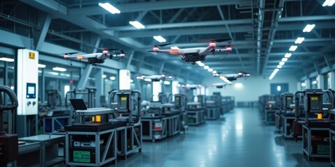 Obraz premium Drones in Automated Factory Environment