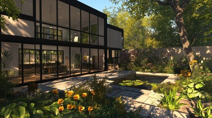 A stunning modern home with large windows, a pool, patio, garden, and a cozy vegetable patch.