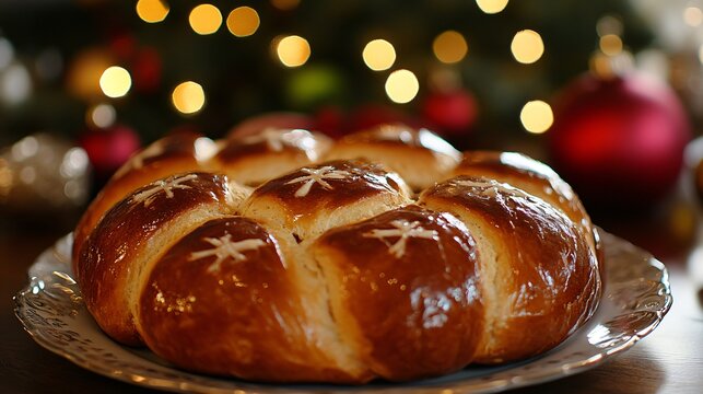 Bulgarian koledna pitka bread with a cross pattern, presented in a warm holiday setting