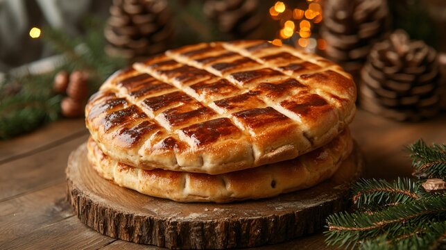 Bulgarian koledna pitka bread with a cross pattern, presented in a warm holiday setting