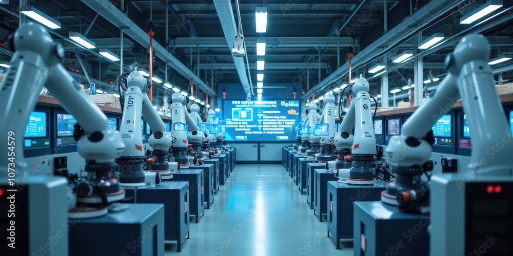 Poster advanced ai robotics in a modern factory setting