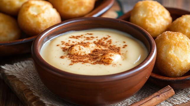 Colombian natilla custard topped with cinnamon and served alongside fried bunuelos