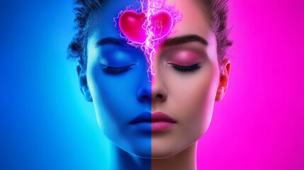 Woman's face is painted blue and pink, with a heart on her forehead. The blue and pink colors give the impression of a split personality