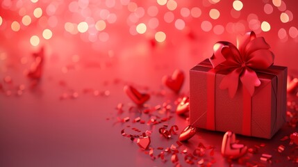Fototapeta premium A Dazzling Display of Love: A Red Box with a Satin Bow and Hearts