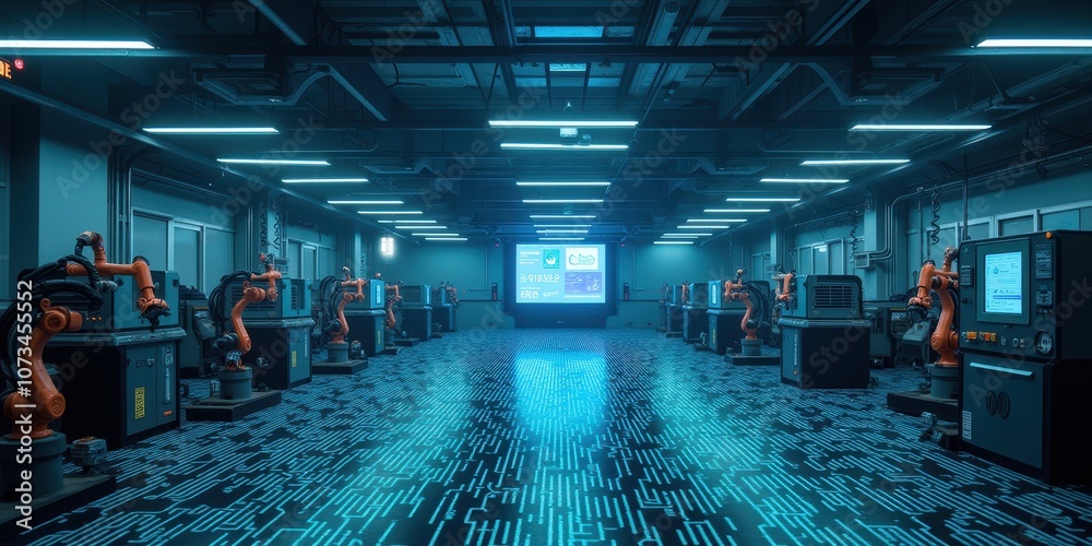 Poster modern computer factory with industrial robots