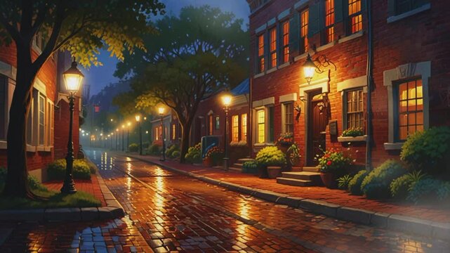 Night view after rain in the suburbs, seamless 4K virtual video animation background