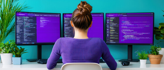 A focused individual coding at a desk with three monitors displaying vibrant purple programming text, surrounded by greenery.