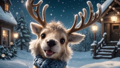  reindeer with bright eyes and a cozy scarf, posing amid a snowy landscape. The softly glowing houses in the distance add a sense of holiday magic and warmth.