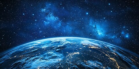 Obraz premium A stunning view of Earth from space, illuminated by city lights and surrounded by a vibrant cosmic backdrop.