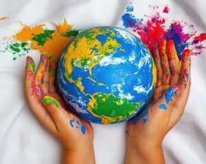 Children hands painted with Earth on white fabric background, top view