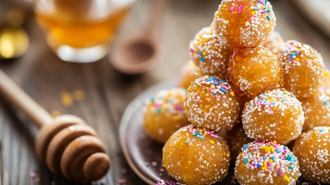 Italian struffoli honey balls piled high, drizzled with honey and decorated with colorful sprinkles
