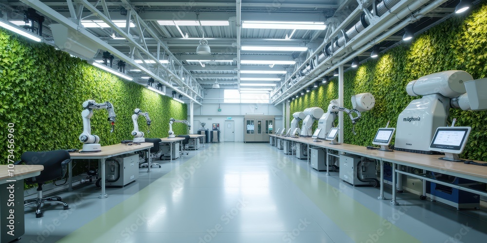 Wall mural modern ai controlled factory with greenery and robotics