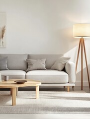 Minimalist Living Room with Grey Sofa, Wooden Coffee Table, and Floor Lamp