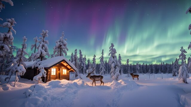 Finland a winter cabin retreat in the finnish lapland with reindeer grazing nearby a snowy forest, Ai Generated