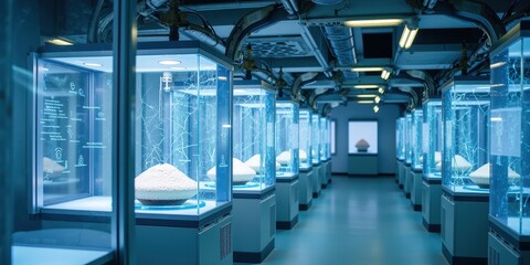 Obraz premium Modern AI Factory with Display Cases and Technology