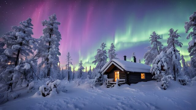 Finland a winter cabin retreat in the finnish lapland with reindeer grazing nearby a snowy forest, Ai Generated