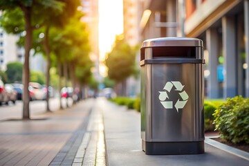 A dustbin with recycle symbol in modern street 