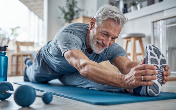 An older man with gray hair and a beard performs a stretching exercise on a yoga mat in a home or studio setting, showcasing determination and focus