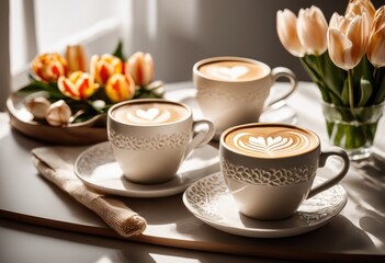 Fototapeta premium detailed latte art designs clean minimalist table setting neat textures unique patterns displayed aesthetically, coffee, beverage, foam, white, cup, saucer