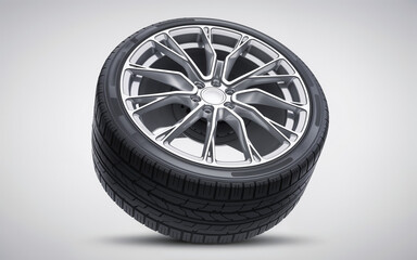 A single car wheel and tire with a sleek, multi-spoke alloy design and shiny metallic finish displayed on a plain white background. Ideal for car accessories, car enthusiasts and tire retailers