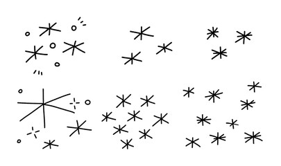 Whimsical handdrawn snowflake doodles and winter elements set. Simple vector icons, cute stars, and abstract crystals in a minimalist Scandi style.