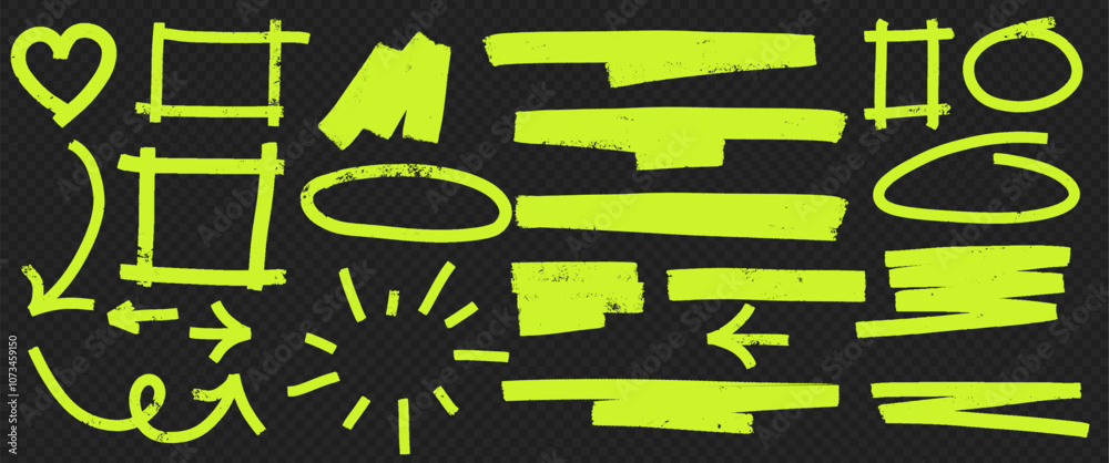 Poster Vector set of highlight markers, swirl lines and arrows. Emphasis shapes and heart doodles with hand drawn strokes. Abstract sketchy elements for text.